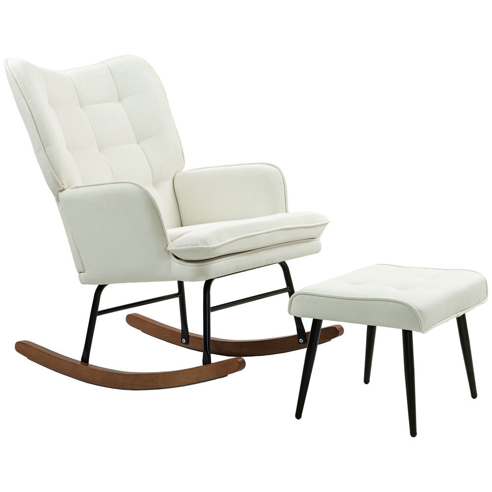 Homcom conjunto de poltrona baloiço com apoio para os pés poltrona relax com almofada acolchoada e anti-tombo carga 130 kg sala de estar dormitório 64x89x90 cm bege