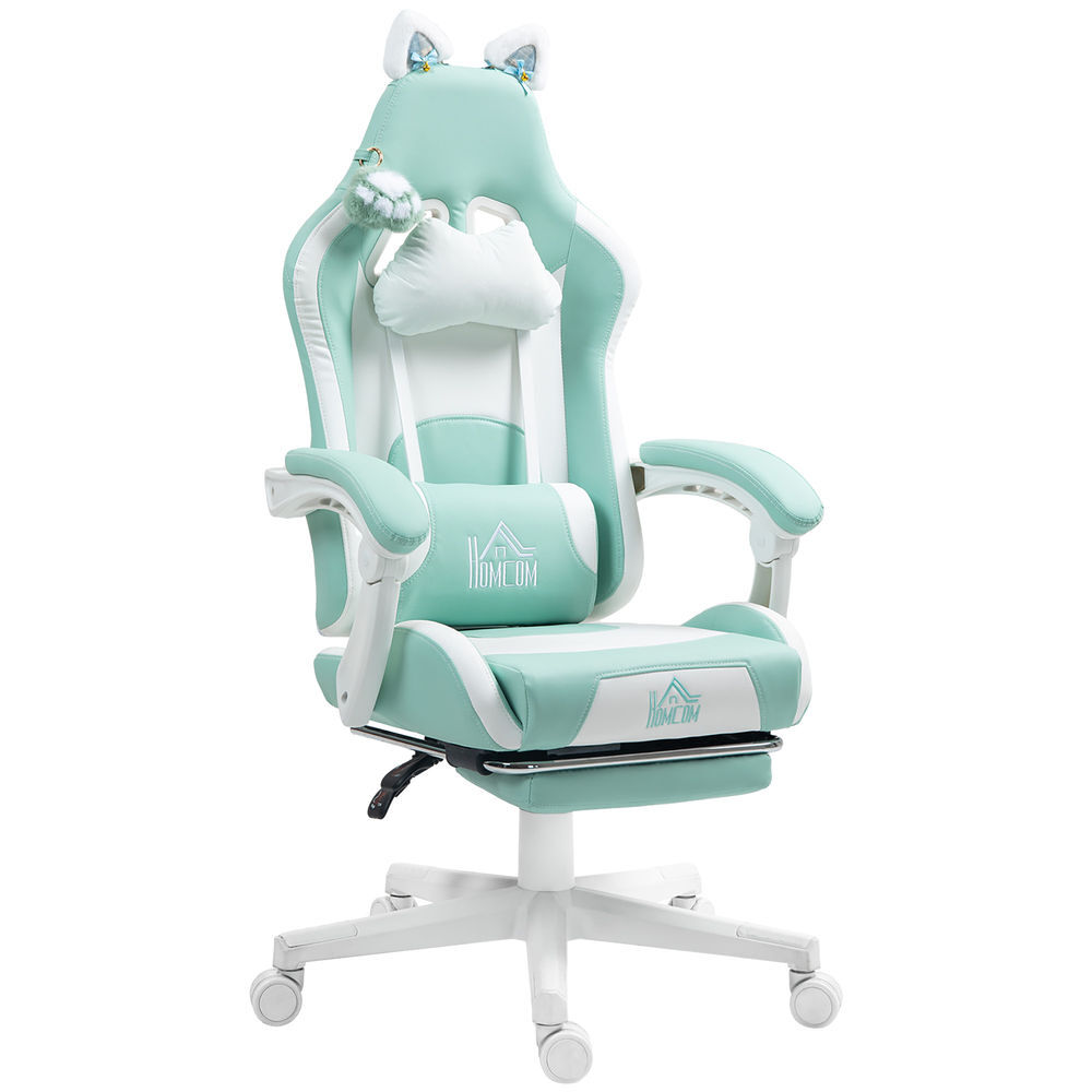 Homcom cadeira gaming com orelhas cadeira gamer reclinável com altura ajustável apoio para os pés retrátil suporte lombar e apoio para a cabeça desmontável cadeira para escritório 65x62x116-124 cm azul