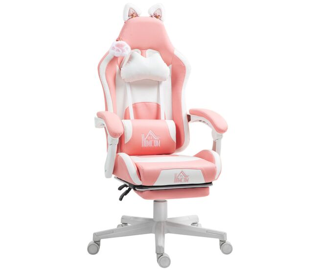 Homcom cadeira gaming com orelhas cadeira gamer reclinável com altura ajustável apoio para os pés retrátil suporte lombar e apoio para a cabeça