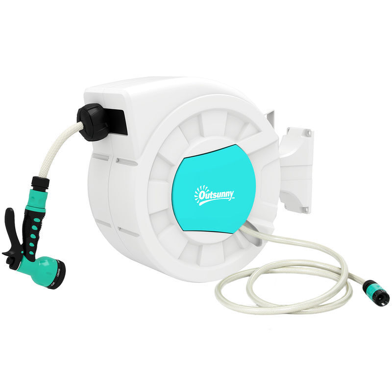 Outsunny carretel de mangueira retrátil de parede carretel de mangueira de jardim de 25+2 m e bloqueio de retorno automático bocal com 7 funções e
