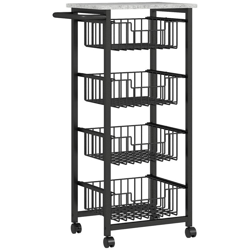 Homcom carrinho de cozinha, carrinho auxiliar com rodas, 4 cestos deslizantes e estrutura de aço, ideal para sala de jantar, 49,5x31x91 cm, cinzento
