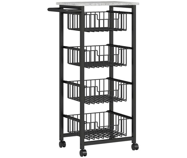 Homcom carrinho de cozinha, carrinho auxiliar com rodas, 4 cestos deslizantes e estrutura de aço, ideal para sala de jantar, 49,5x31x91 cm, cinzento