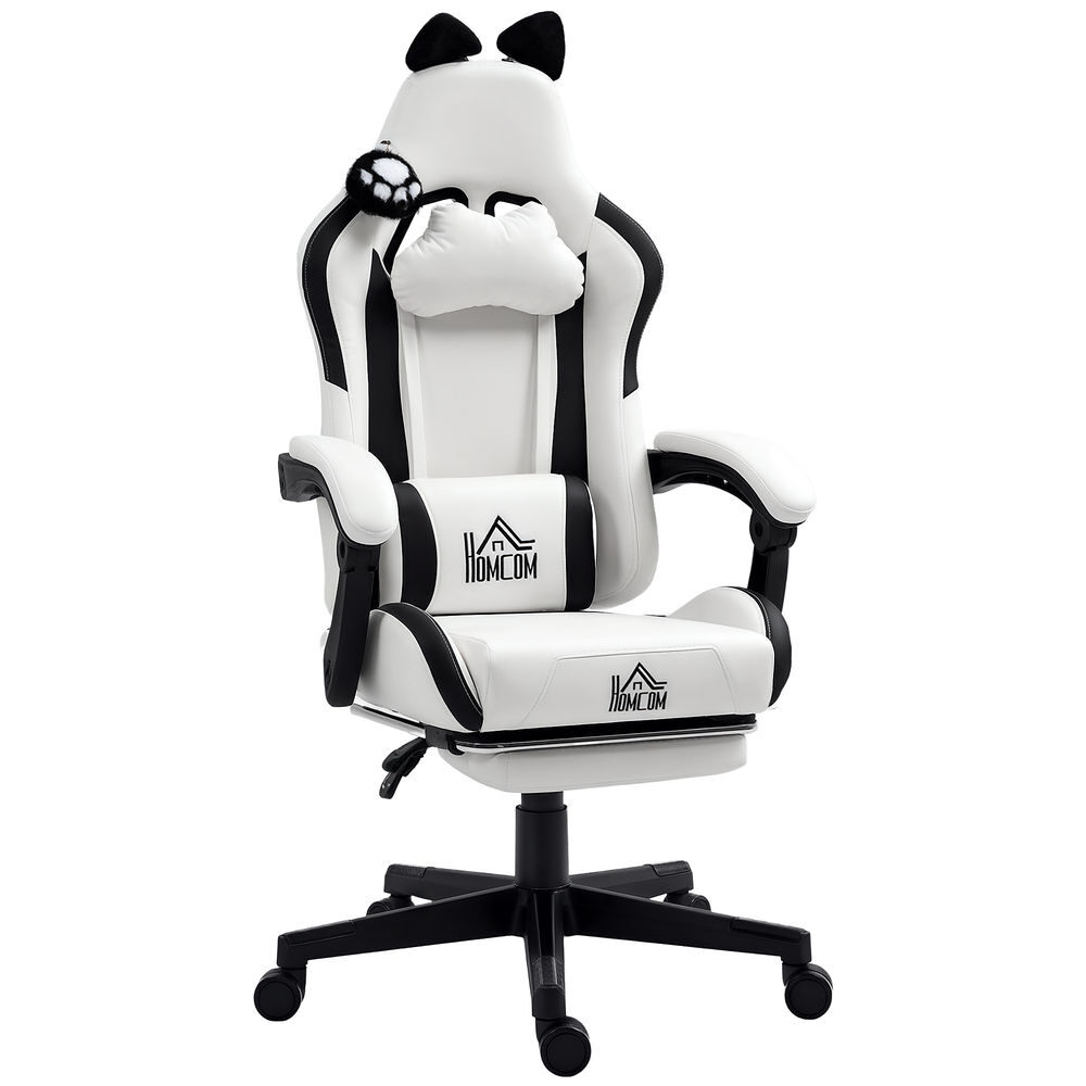 Homcom cadeira gaming com orelhas cadeira gamer reclinável com altura ajustável apoio para os pés retrátil suporte lombar e apoio para a cabeça desmontável cadeira para escritório 65x62x116-124 cm branco