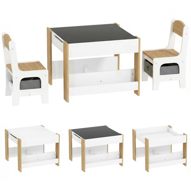 Homcom conjunto de mesa e 2 cadeiras infantis mesa com cadeiras para crianças 2 em 1 com ardósia gavetas de tecido e espaço de armazenamento para