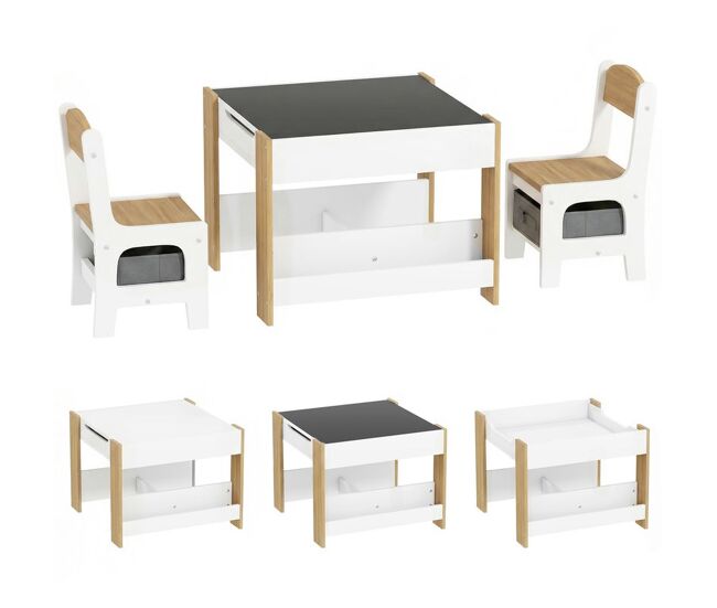 Homcom conjunto de mesa e 2 cadeiras infantis mesa com cadeiras para crianças 2 em 1 com ardósia gavetas de tecido e espaço de armazenamento para
