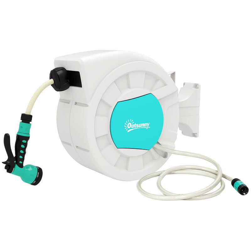 Outsunny carretel de mangueira para jardim 20+2 m carretel de mangueira retrátil de parede com 7 bocais função de bloqueio retorno automático e giro