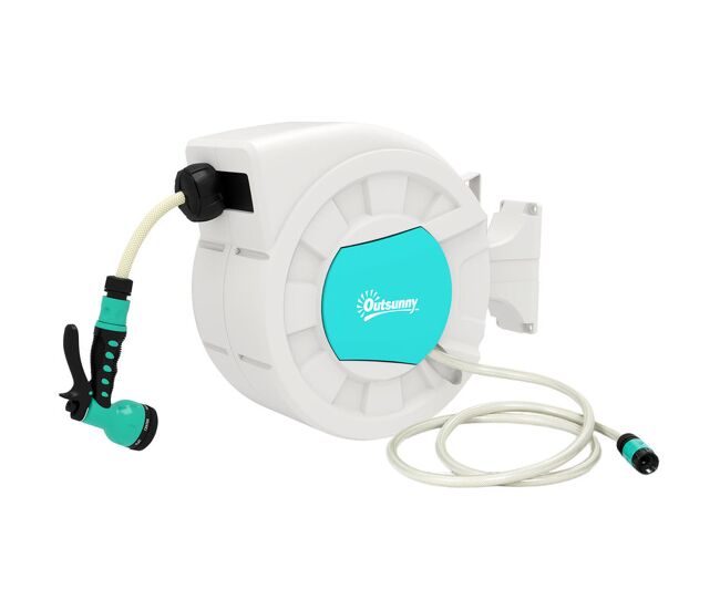 Outsunny carretel de mangueira para jardim 20+2 m carretel de mangueira retrátil de parede com 7 bocais função de bloqueio retorno automático e giro