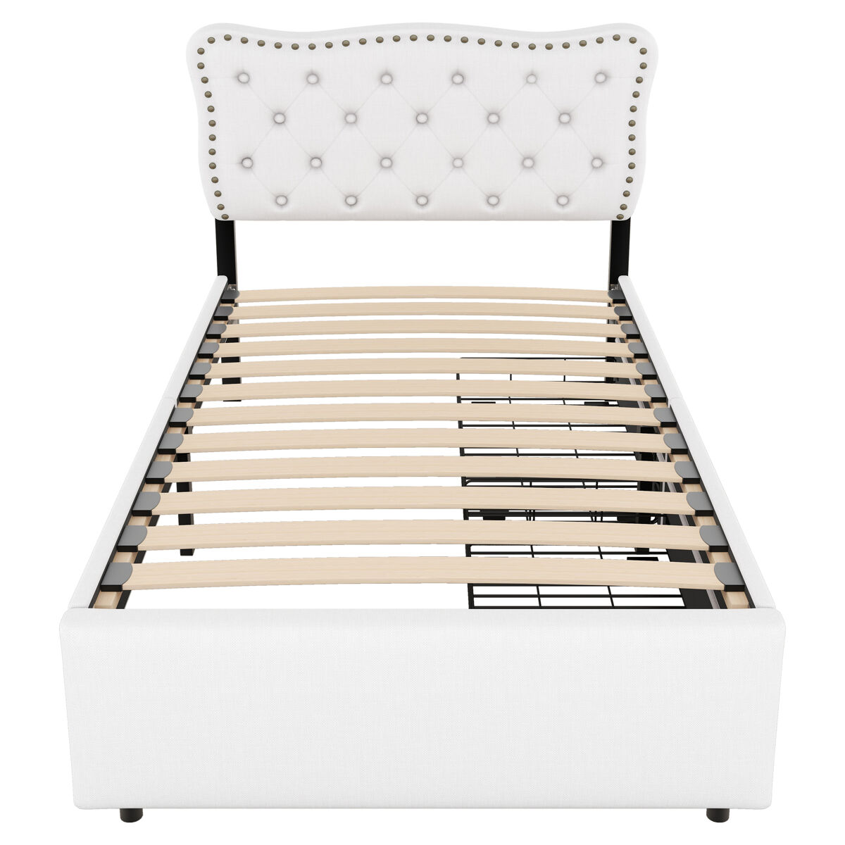Cama estofada em tecido de linho com 2 gavetas - 90x200 cm - cabeceira decorada com rebites - bege