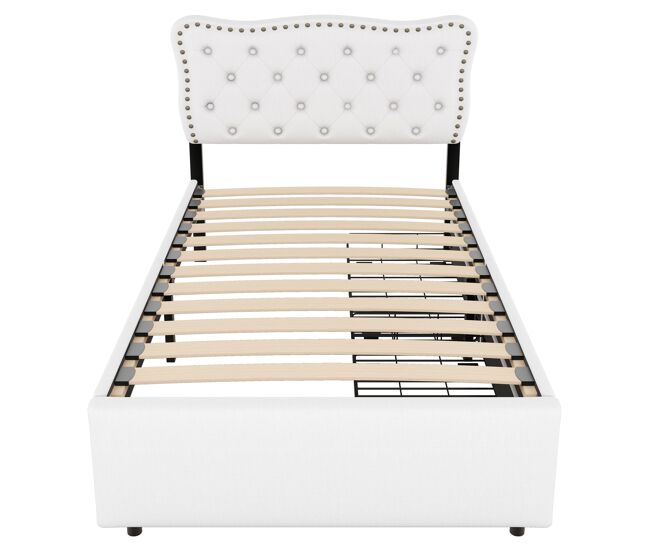 Cama estofada em tecido de linho com 2 gavetas - 90x200 cm - cabeceira decorada com rebites - bege