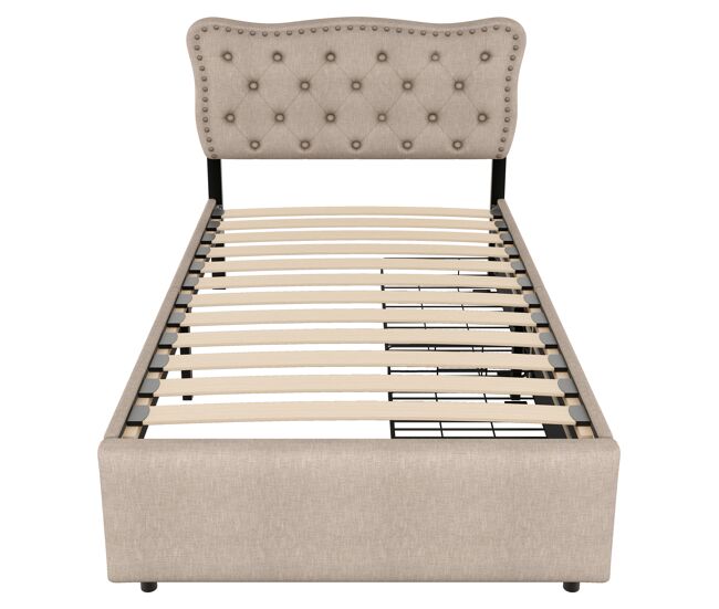 Cama estofada em linho com 2 gavetas - 90x200 cm - cabeceira decorada com rebites - taupe