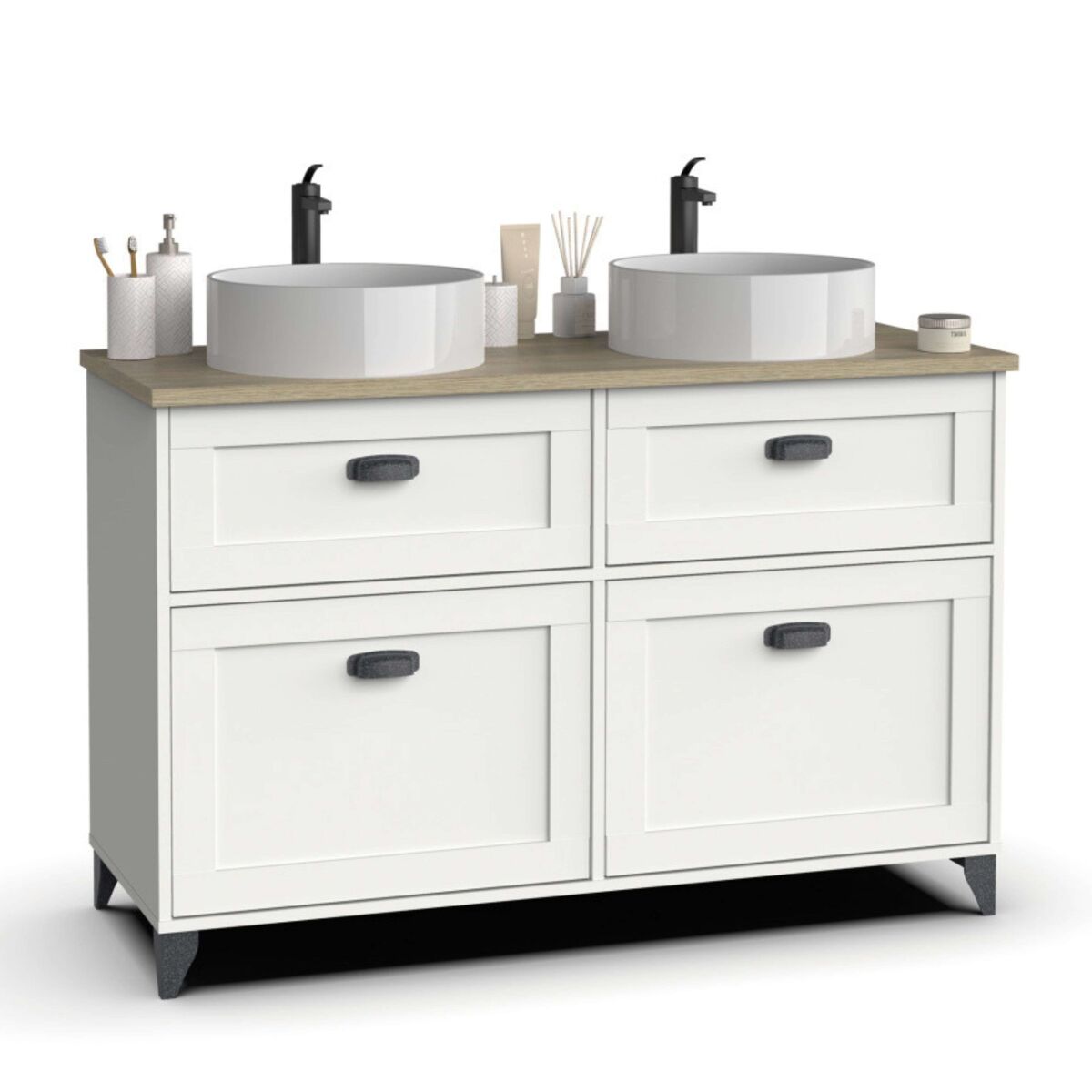 Móvel de banheiro duplo toscana com 2 gavetas e 2 portas com pias de 120 cm em carvalho branco e cambriano
