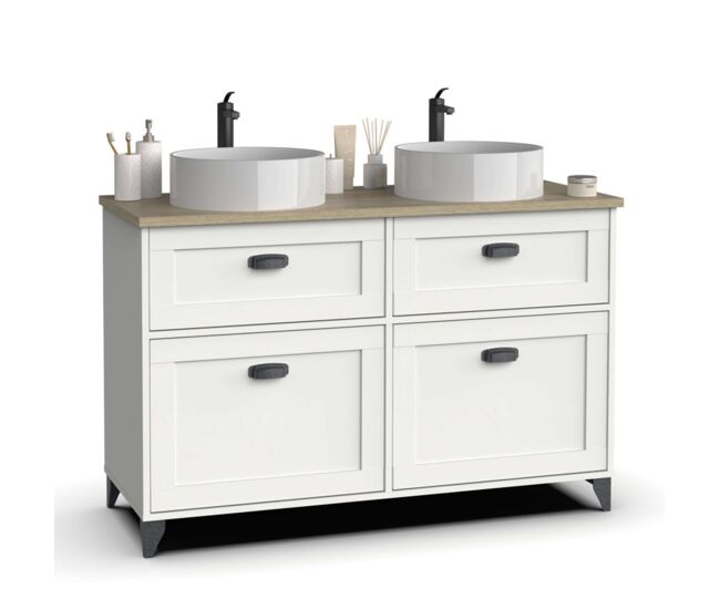 Móvel de banheiro duplo toscana com 2 gavetas e 2 portas com pias de 120 cm em carvalho branco e cambriano