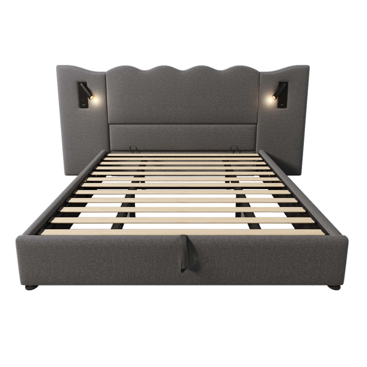 Cama para arrumação de roupa de cama 180x200 cm - com luz de leitura e função de carregamento - com estrado de ripas - cinzento