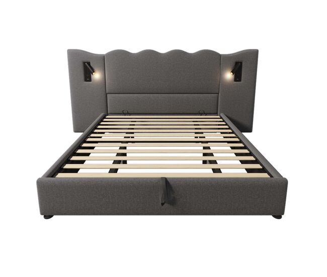 Cama para arrumação de roupa de cama 180x200 cm - com luz de leitura e função de carregamento - com estrado de ripas - cinzento