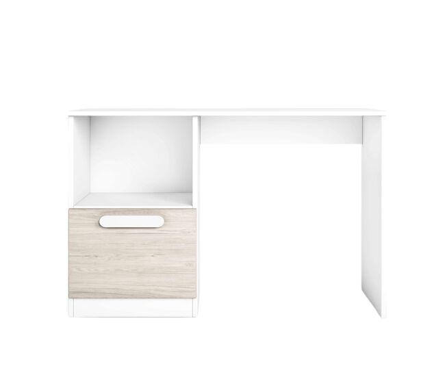 Escrivaninha para quarto juvenil estelle estilo nórdico em branco fosco e carvalho sahara com 1 porta e 1 espaço de armazenamento de 100 cm