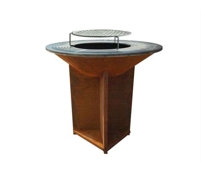 Grande churrasqueira de aço preto com chapa de aço e grelha. churrasqueira grande (100cm de diâmetro