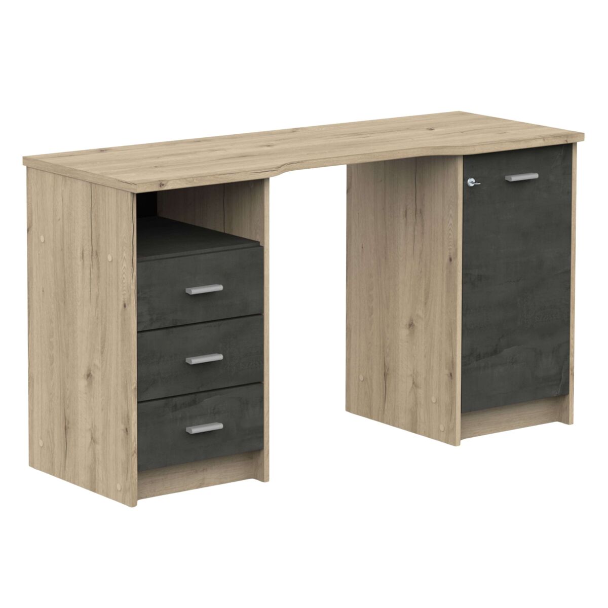 Secretária monaco 3 gavetas 1 porta 1 prateleira carvalho artesanal e calçada 135 cm melamina moderna e funcional
