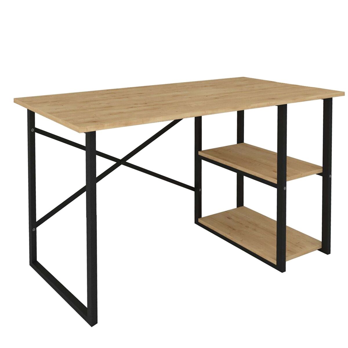 Mesa de escritório rus com 2 prateleiras industriais, carvalho e preto, 120 cm