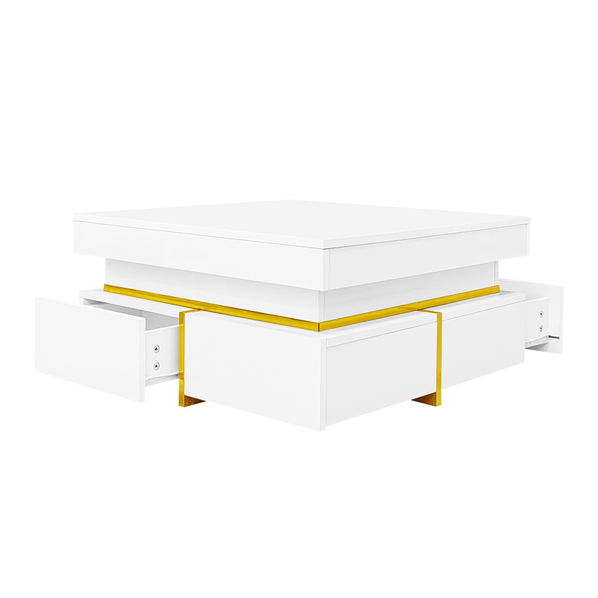 Mesa de centro com 2 gavetas - aspeto brilhante e decorações douradas - blanc