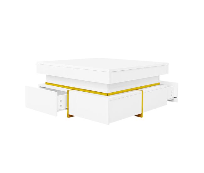 Mesa de centro com 2 gavetas - aspeto brilhante e decorações douradas - blanc