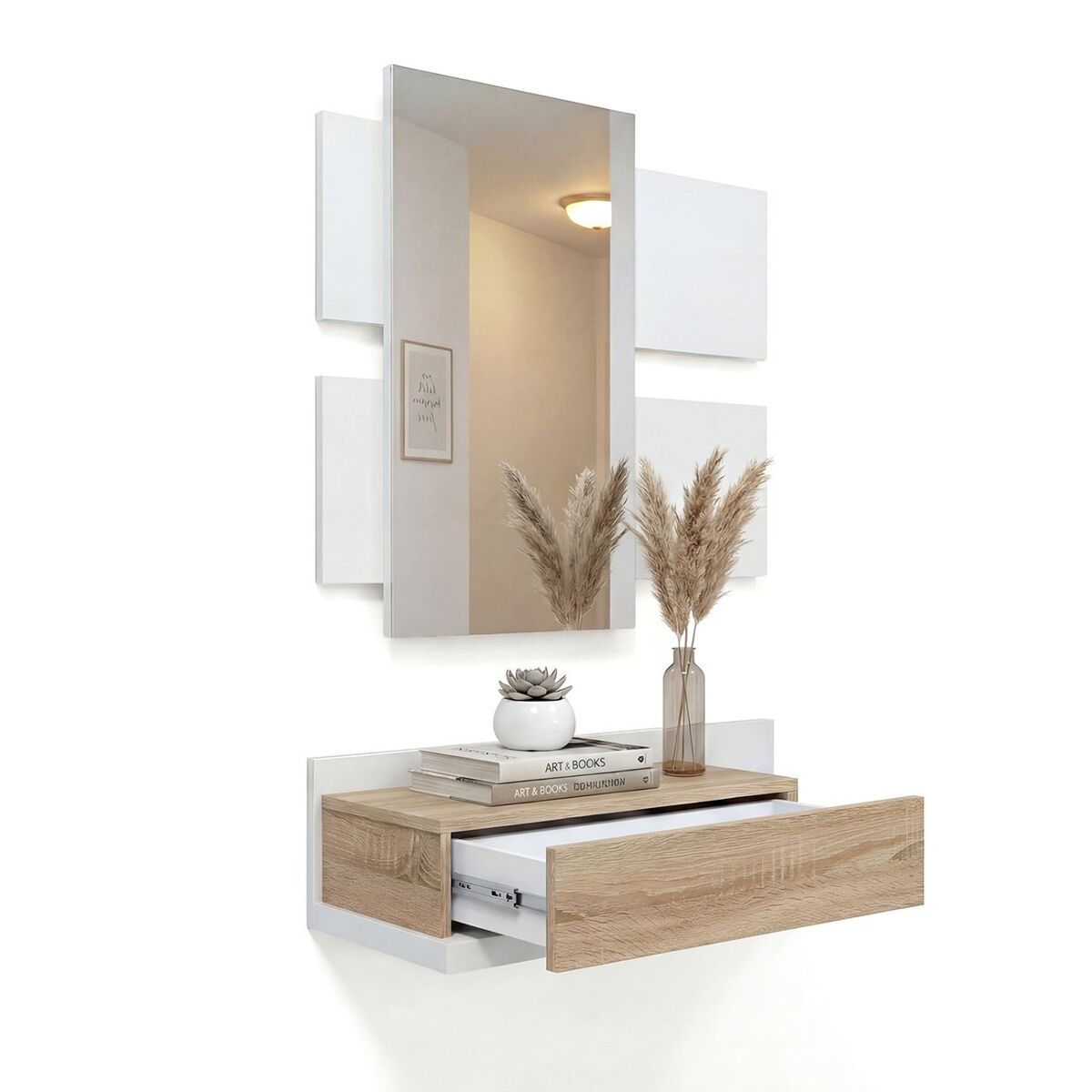 Duehome Mueble Recibidor Milo Artik White (Branco Mate) - Carvalho Canadiano 75 X 116 X 29 Cm Transparente