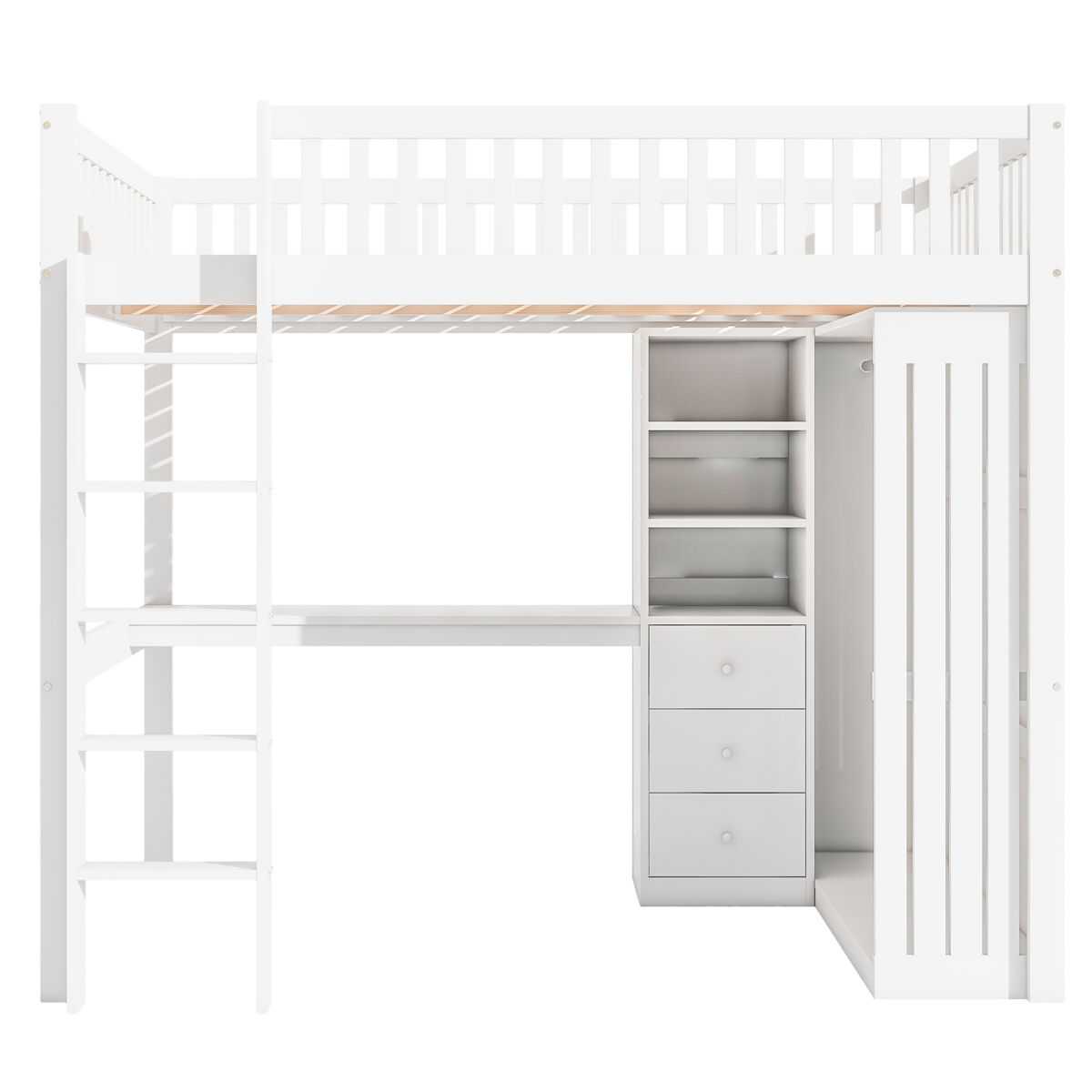 Cama alta de madeira 140x200 cm - com secretária e roupeiro - branco