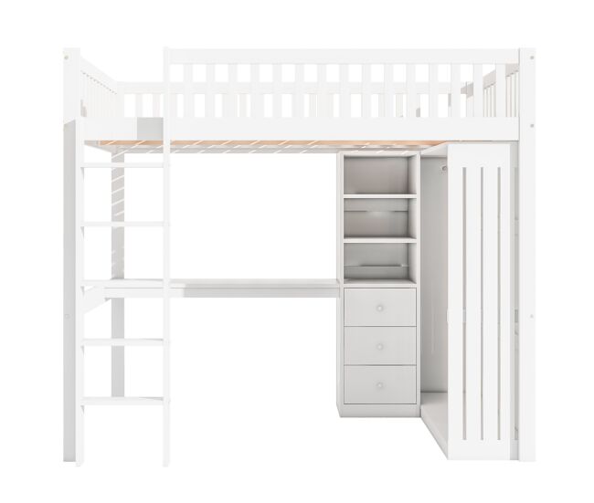 Cama alta de madeira 140x200 cm - com secretária e roupeiro - branco