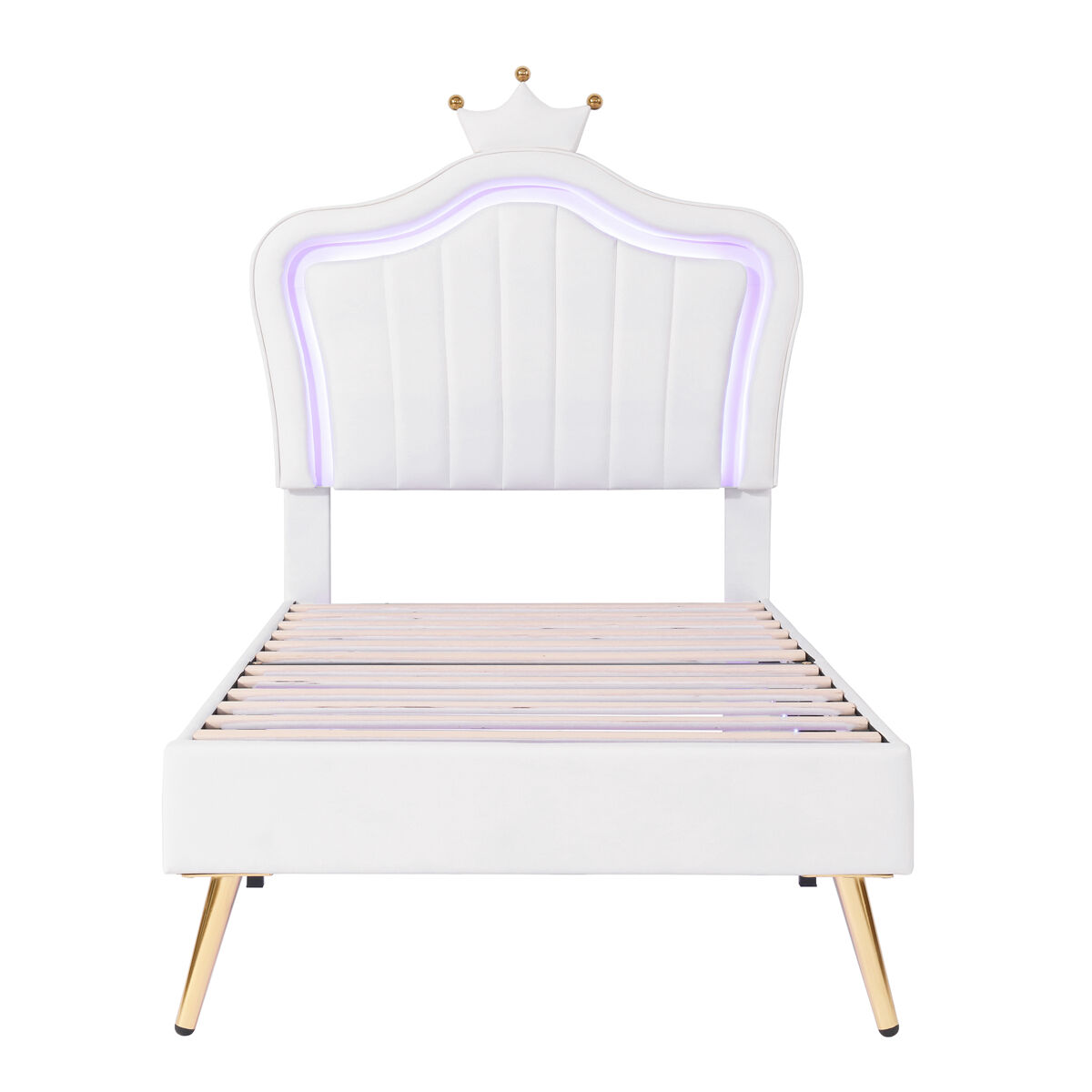 Cama de criança 90x200cm em pele sintética com led + cabeceira regulável + estrado - branco