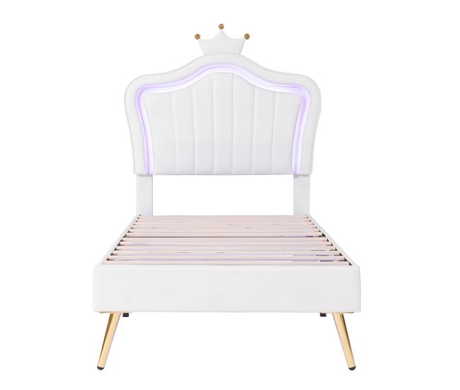 Cama de criança 90x200cm em pele sintética com led + cabeceira regulável + estrado - branco