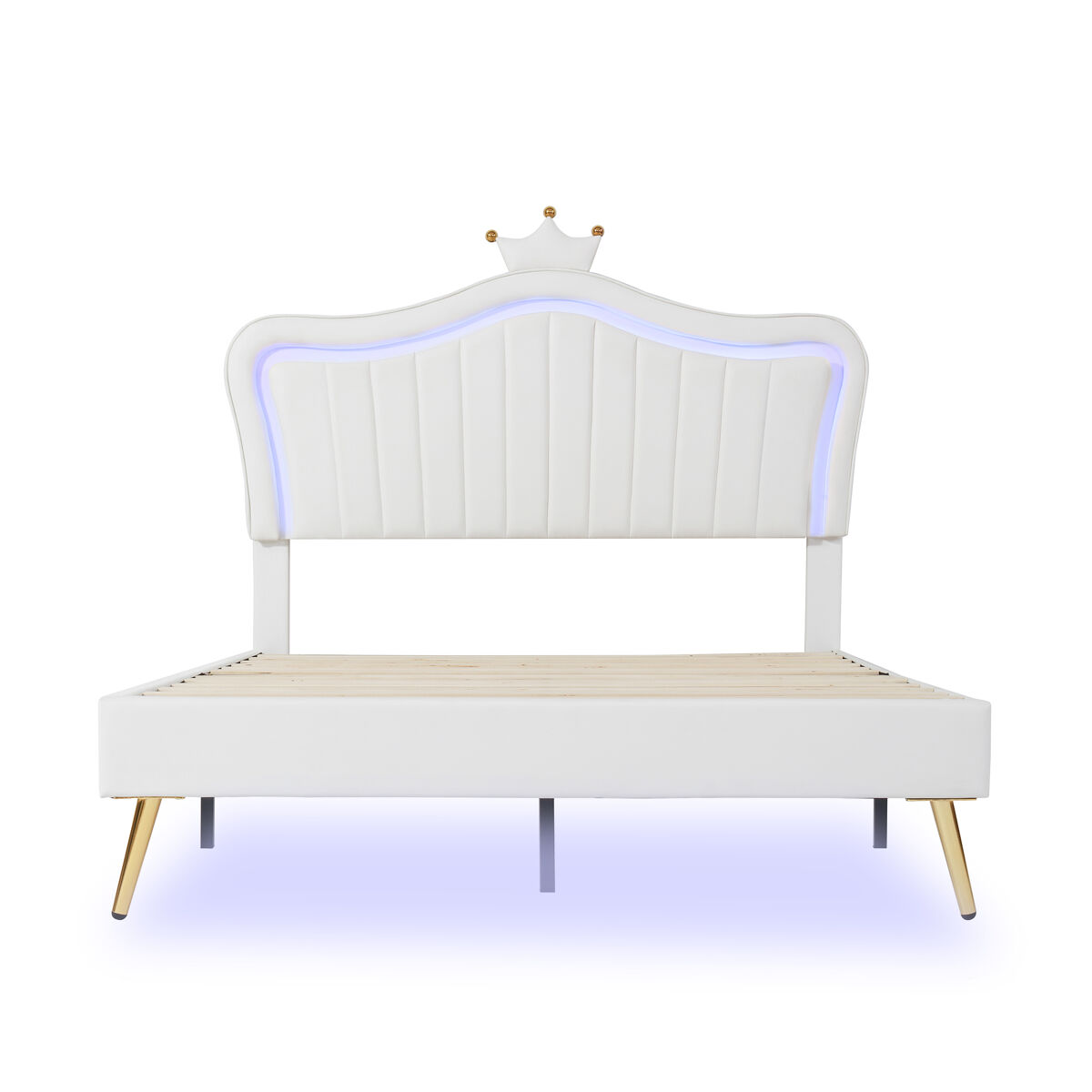 Cama de criança 140x200cm em pele sintética com led + cabeceira regulável + estrado - branco