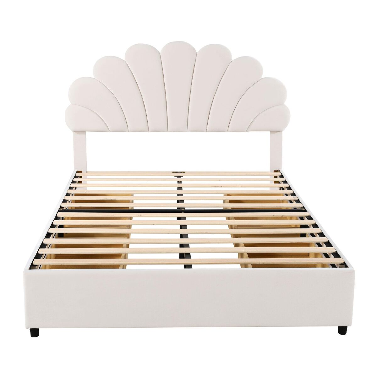 Cama de casal estofada em veludo com 4 gavetas - 140x200cm - cabeceira em forma de flor - com estrado de molas - bege