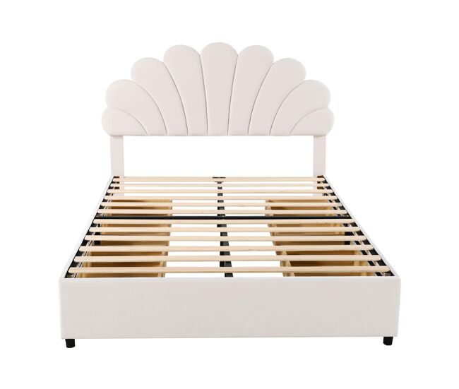 Cama de casal estofada em veludo com 4 gavetas - 140x200cm - cabeceira em forma de flor - com estrado de molas - bege