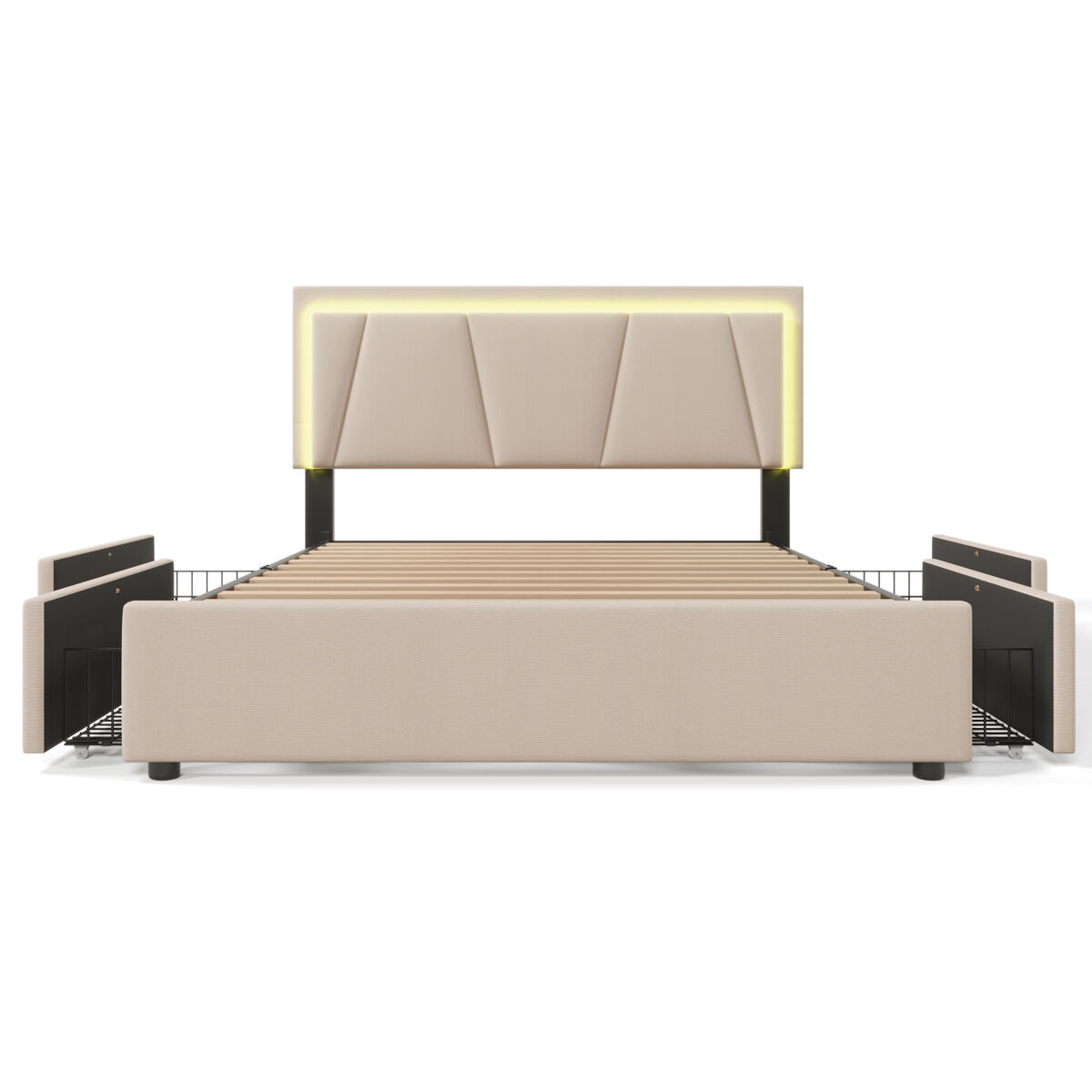 Cama estofada 140x200cm em linho - com 2 gavetas + led + estrado - bege