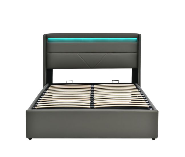 Cama de couro sintético de 140x200cm com led - com estrado - cinzento