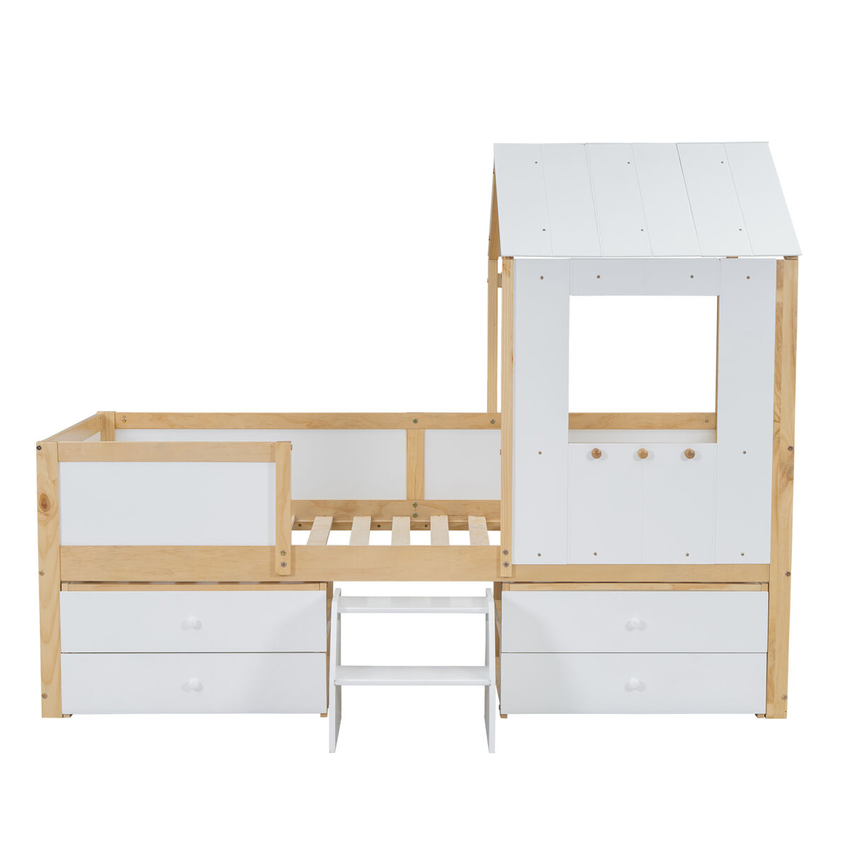 Cama de cabina 90x200 cm com barreira de segurança - com 4 gavetas e escada - em madeira de pinho e mdf - branco e natural