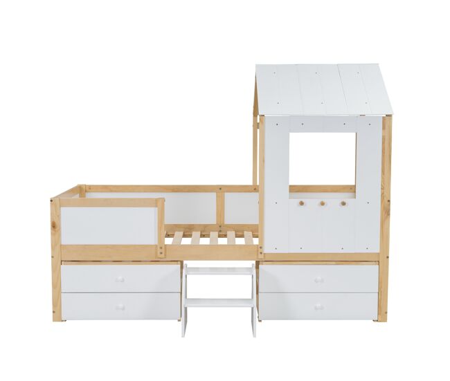 Cama de cabina 90x200 cm com barreira de segurança - com 4 gavetas e escada - em madeira de pinho e mdf - branco e natural