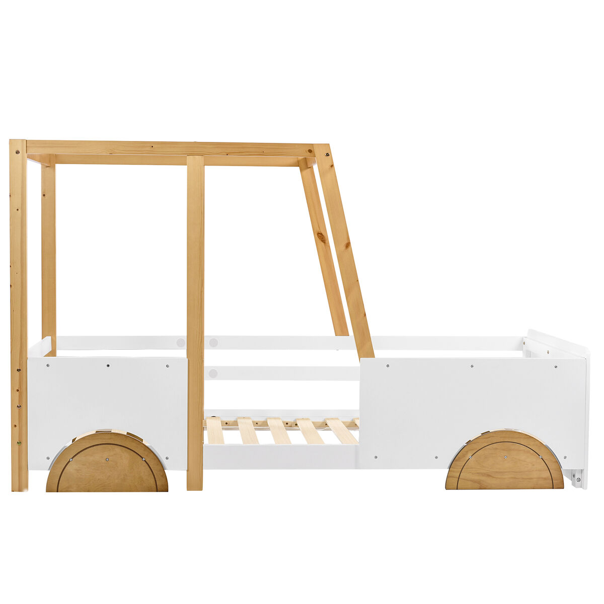 Cama de criança em pinho maciço 90x200 cm - em forma de jipe - branco e natural