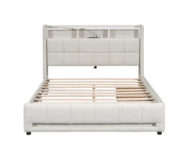 Cama de casal em tecido de linho 140x200 cm - com 2 gavetas + led + tomada usb - bege
