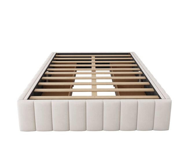Cama estofada 140x200cm em veludo sem cabeceira - com gavetas e estrado de molas - bege