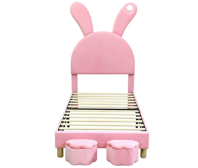 Cama de veludo para criança - 90x200 cm - orelhas de coelho dobráveis com led - 2 bancos com arrumação - rosa