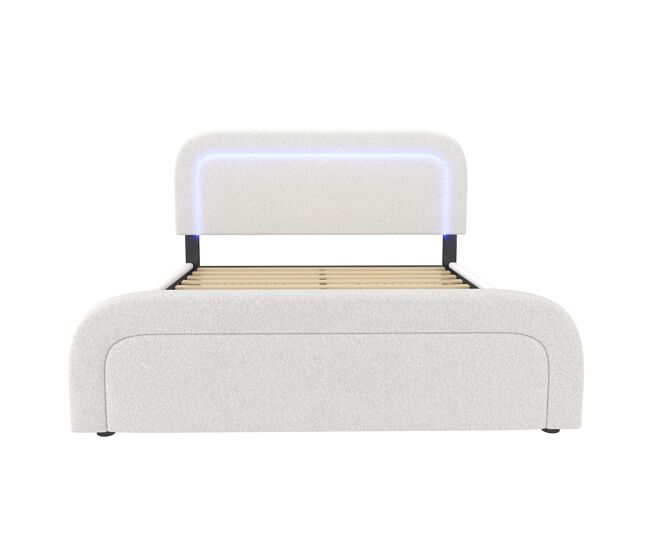 Cama de casal acolchoada sherpa com 2 gavetas - 140x200cm - com led e portas de carregamento - branco