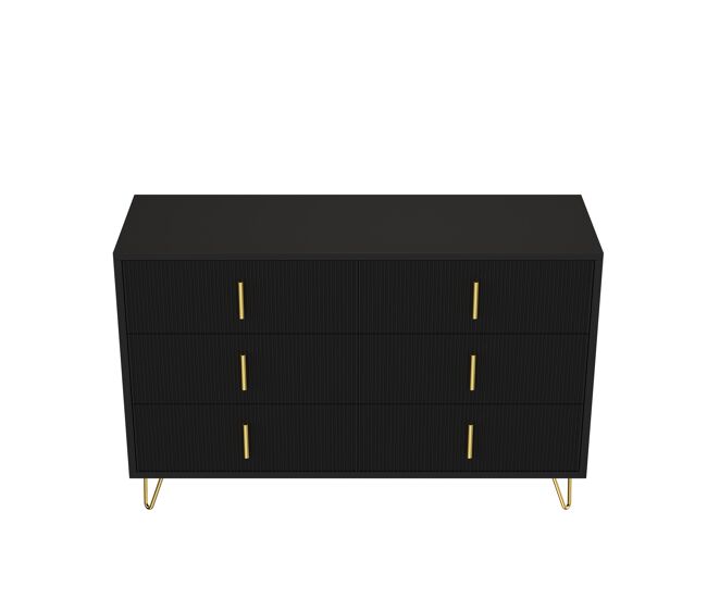 Aparador 120x40x77 cm - com 6 gavetas - puxadores dourados - preto
