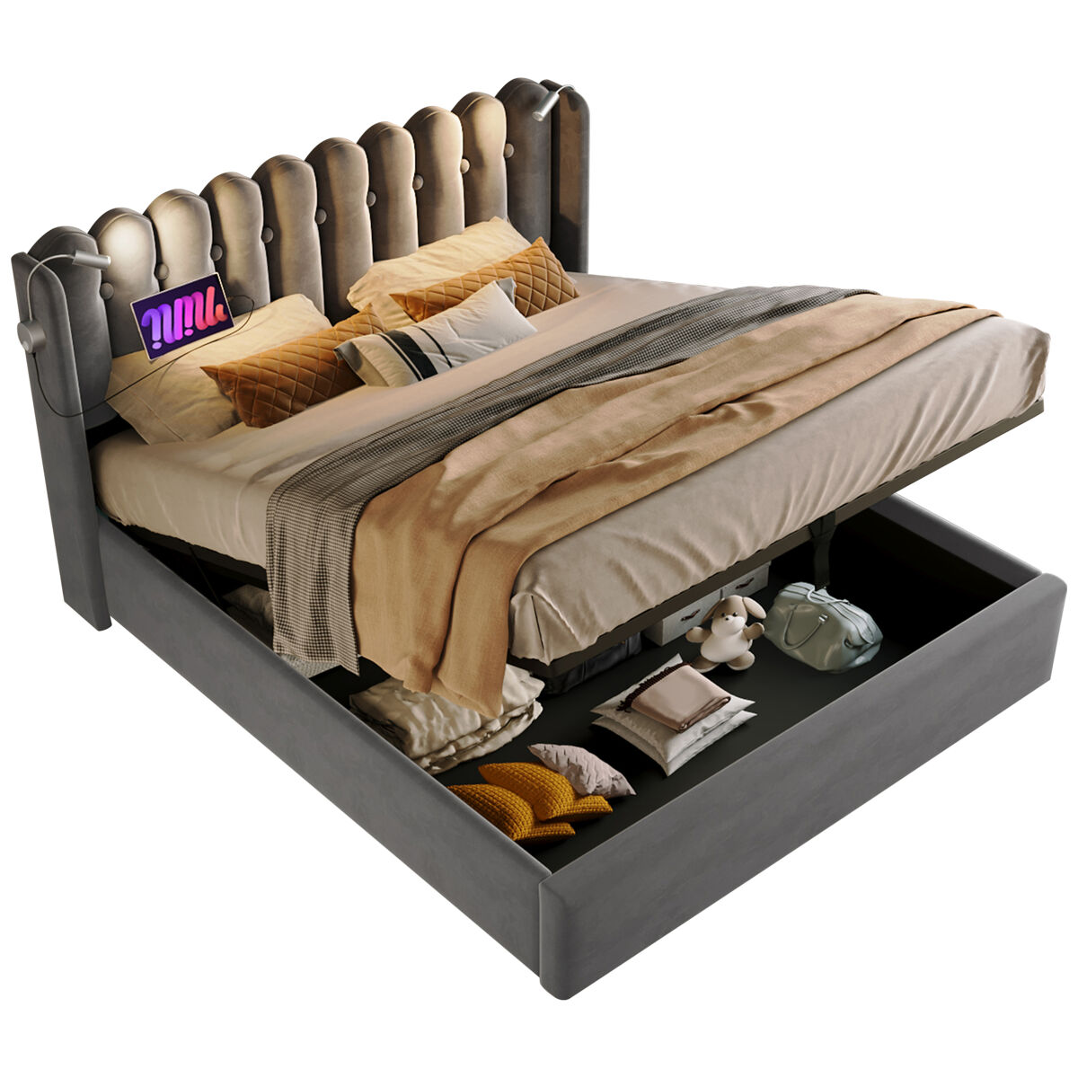 Cama de casal de veludo com armazenamento 165x206