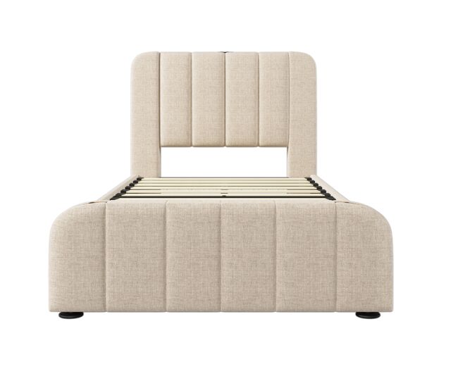 Cama com gavetas 90x200 cm em tecido de linho - com carregamento usb e tipo c - decorada com riscas douradas - bege