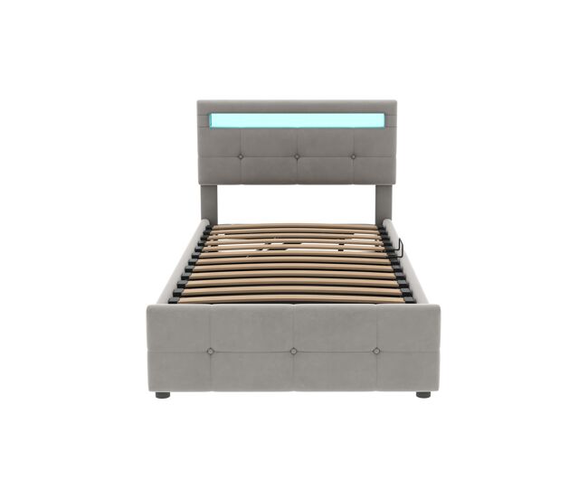 Contentor-cama 90x200 cm estofado em veludo - com led e estrado - cinzento