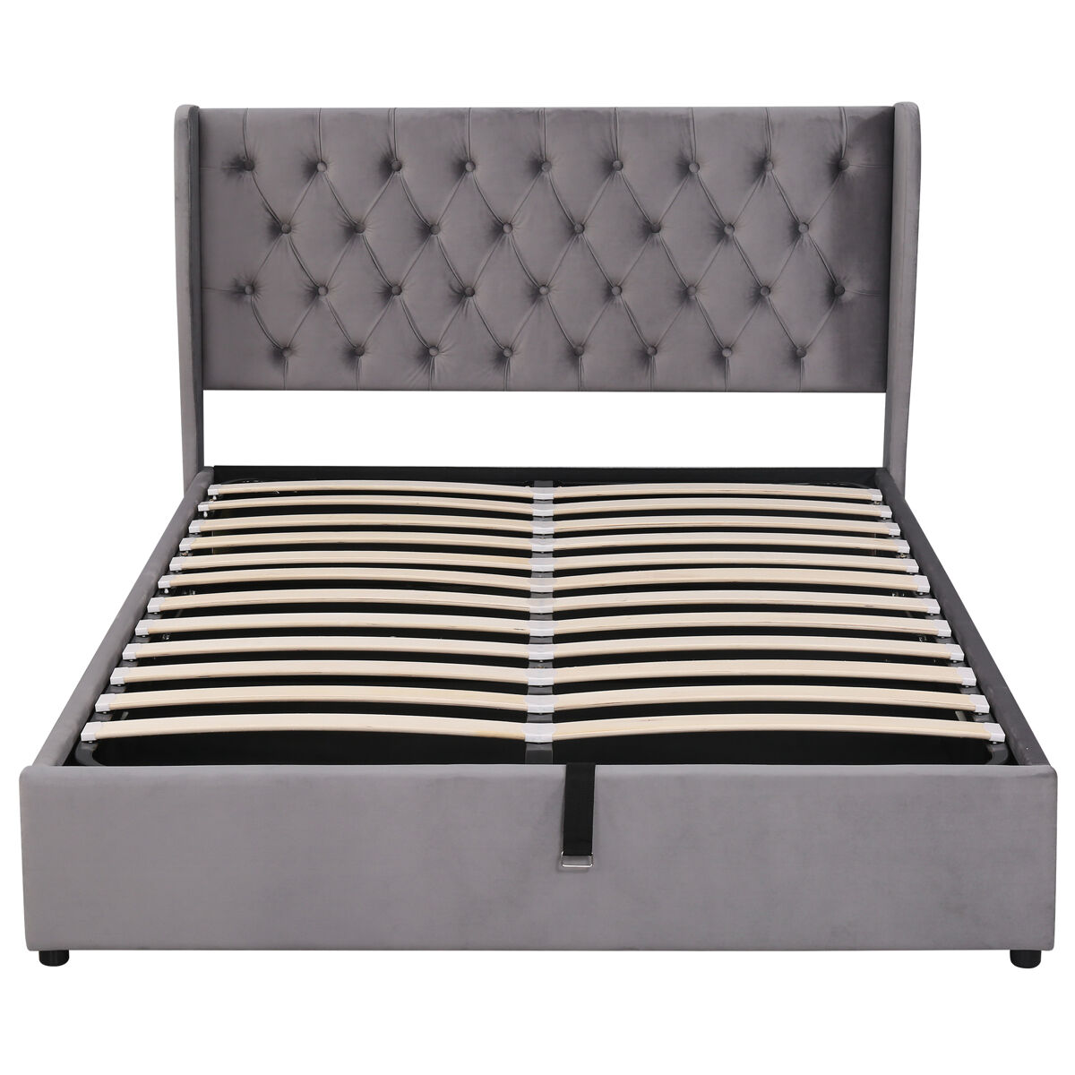 Cama contentora estofada em veludo 140x190 cm com estrado de ripas - cinzento