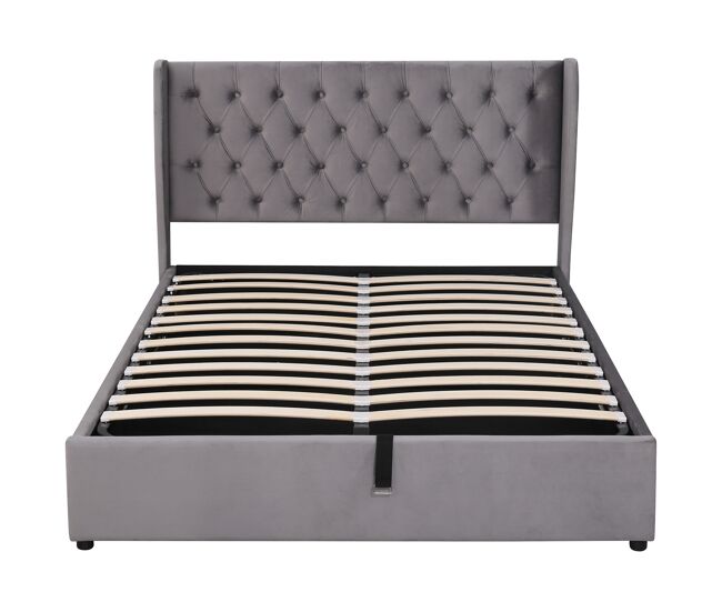 Cama contentora estofada em veludo 140x190 cm com estrado de ripas - cinzento