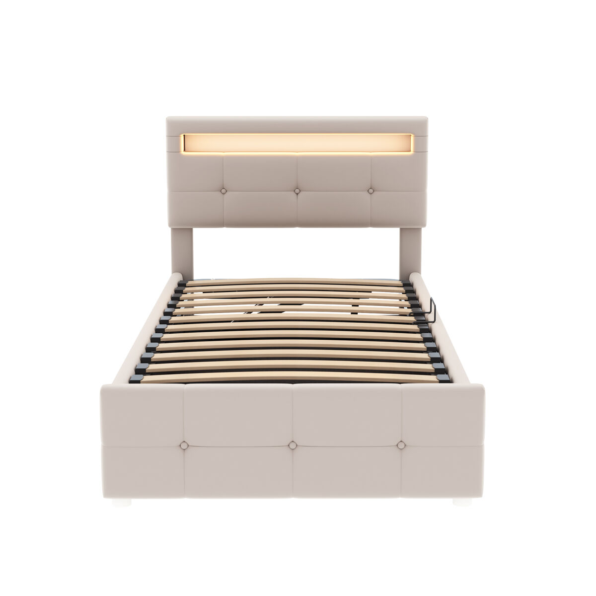 Cama contentora 90x200 cm estofada em veludo - com led e estrado - bege