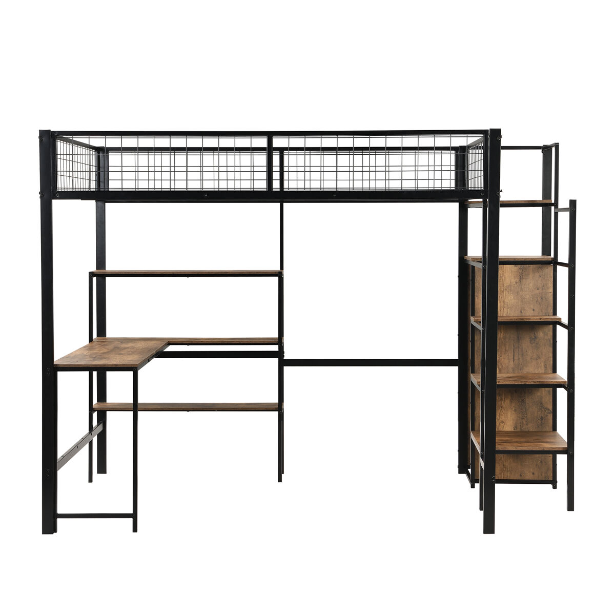 Cama alta 140x200 cm - estrutura em ferro - com secretária e prateleiras - preto