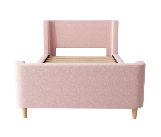 Cama de criança 90x200 cm com estofo em veludo cor-de-rosa (colchão não incluído)